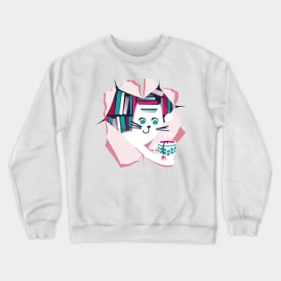 Bookish cat // white cat with tea mug teal white fuchsia and pastel pink books Crewneck Sweatshirt